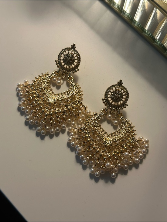 Jewelry - Gold Chandbali Earrings with Pearl Fringe